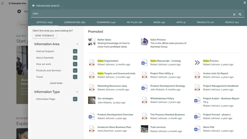SharePoint Intranet Example: Smart search results page featuring filters, refiners, and promoted content blocks.