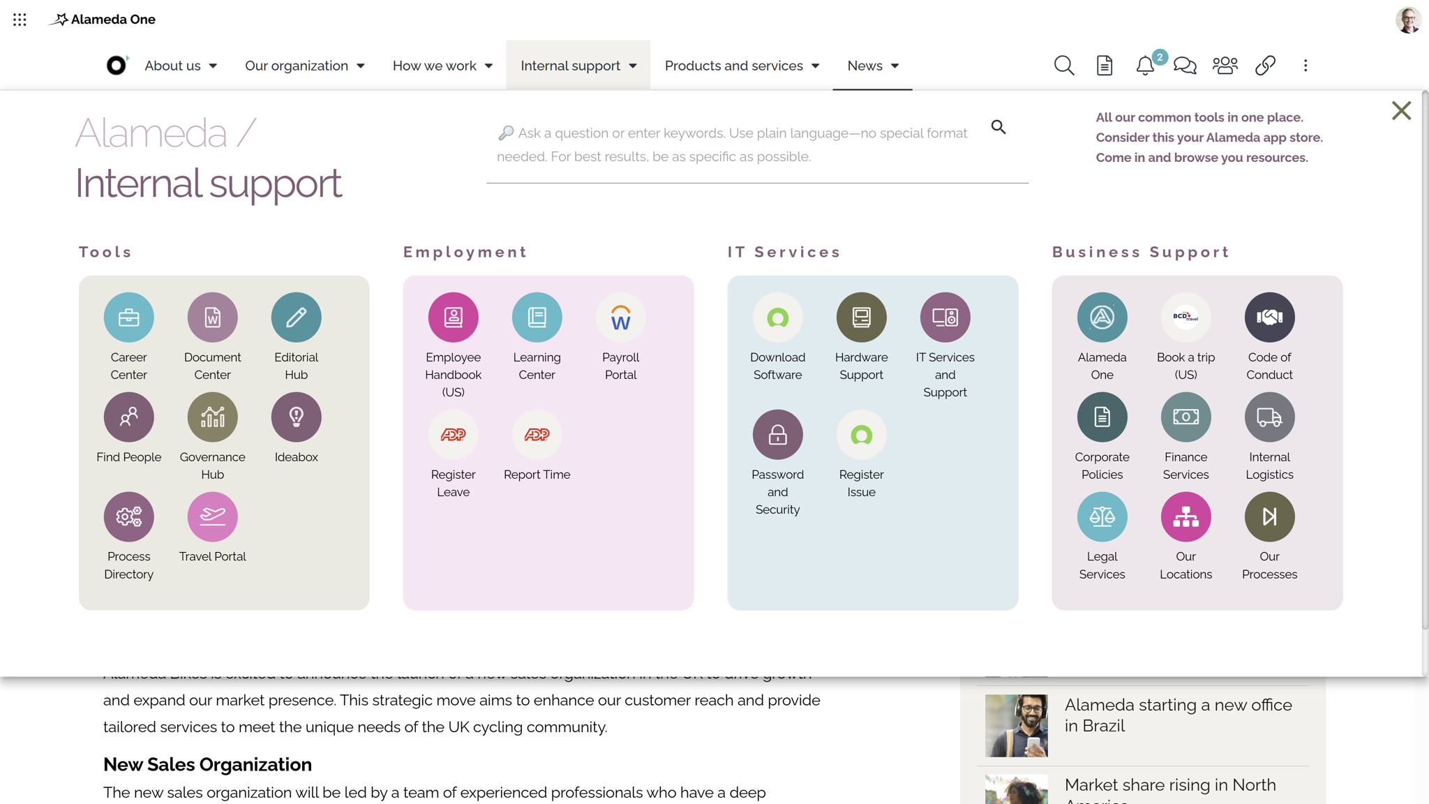 Intranet interface with mega menu navigation giving access to employee services like HR, IT, and Travel support. Intranet interface with mega menu navigation giving access to employee services like HR, IT, and Travel support.