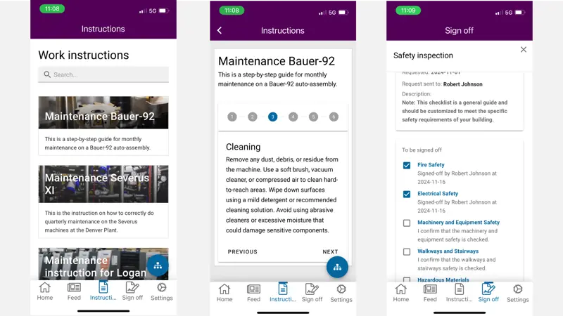 QMS Microsoft 365 Example: Mobile intranet app showing work instructions, task lists, and sign-off features in a quality management system in Microsoft 365.