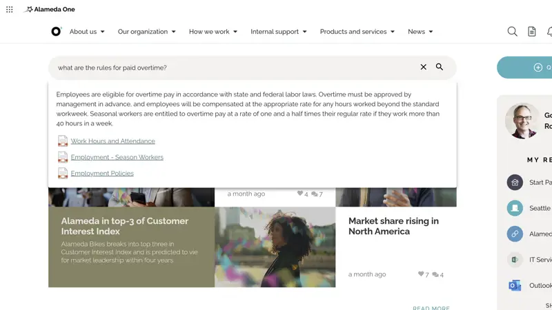 Intranet search experience enhanced with AI-powered semantic search providing natural languages answer and reference to content.