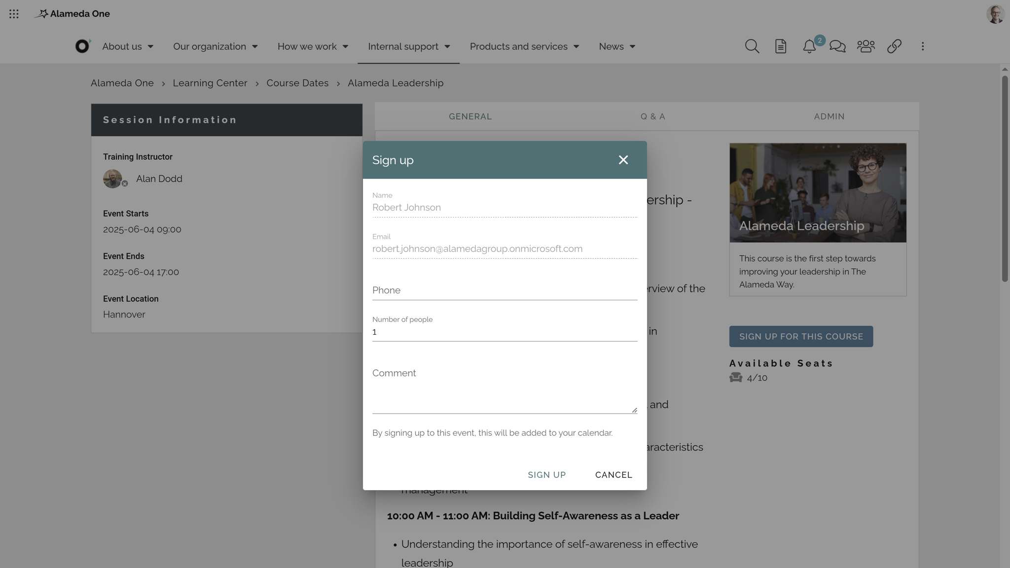 Employee intranet view showing registration for a leadership course, with confirmation and integration into the calendar. Employee intranet view showing registration for a leadership course, with confirmation and integration into the calendar.