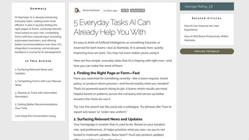 Intranet community article view featuring AI summary, user ratings, related content links, and feedback options.