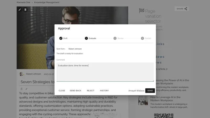 Intranet for Government Example: multi-step page approval workflow demonstrating content governance and compliance within a modern government intranet solution.