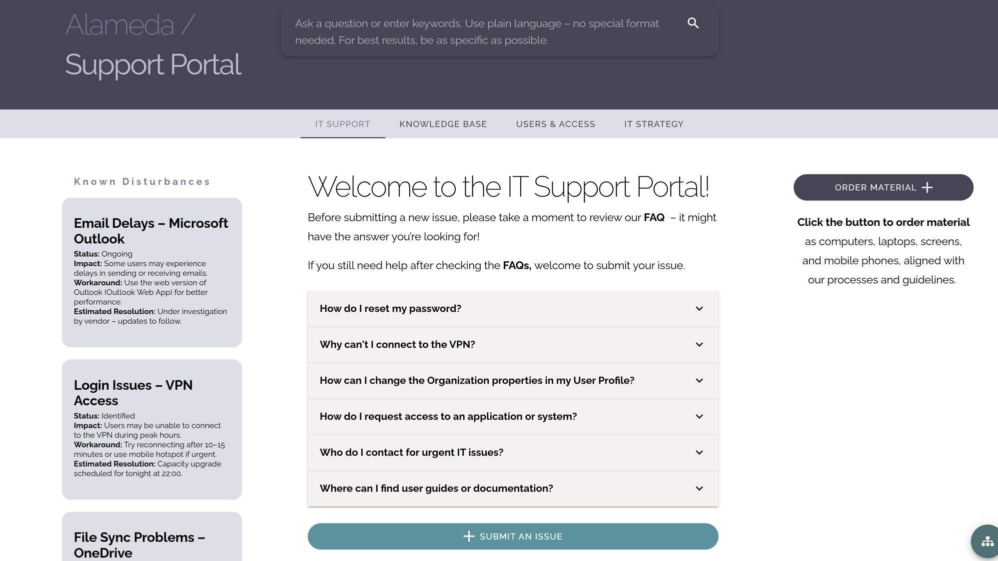 Intranet portal for IT Services showing FAQs, a structured knowledge base, and options to report or track technical issues. Intranet portal for IT Services showing FAQs, a structured knowledge base, and options to report or track technical issues.