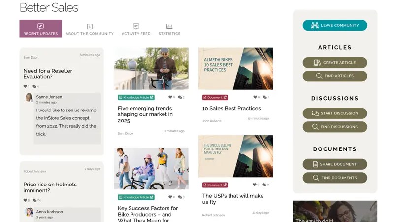 Knowledge-sharing community on intranet platform showing member posts and discussion topics.