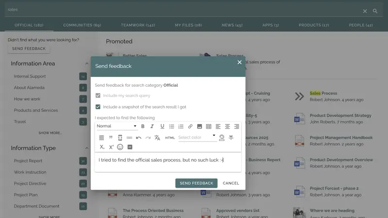 Intranet search results page with a feedback form allowing users to comment on search quality.