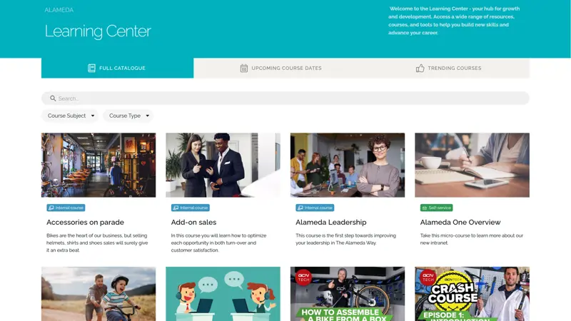 SharePoint Intranet Example: Intranet learning center displaying courses and categorized training materials.