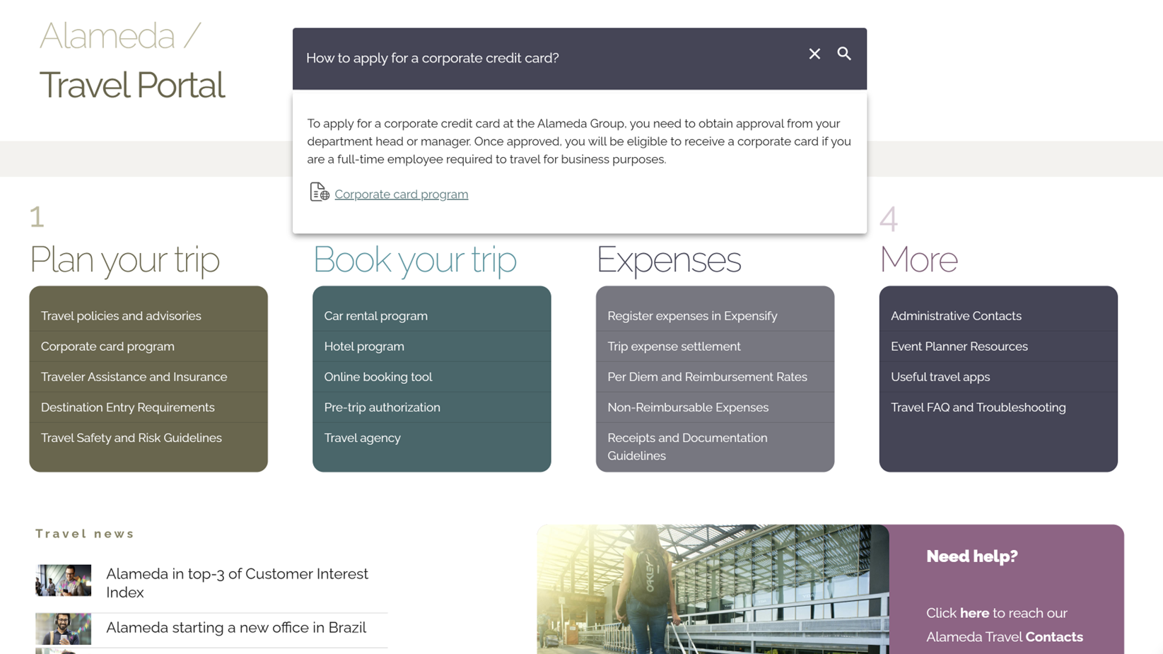 Travel Portal view with AI-driven search results and on-page navigation to help users find services like expense reporting. Travel Portal view with AI-driven search results and on-page navigation to help users find services like expense reporting.