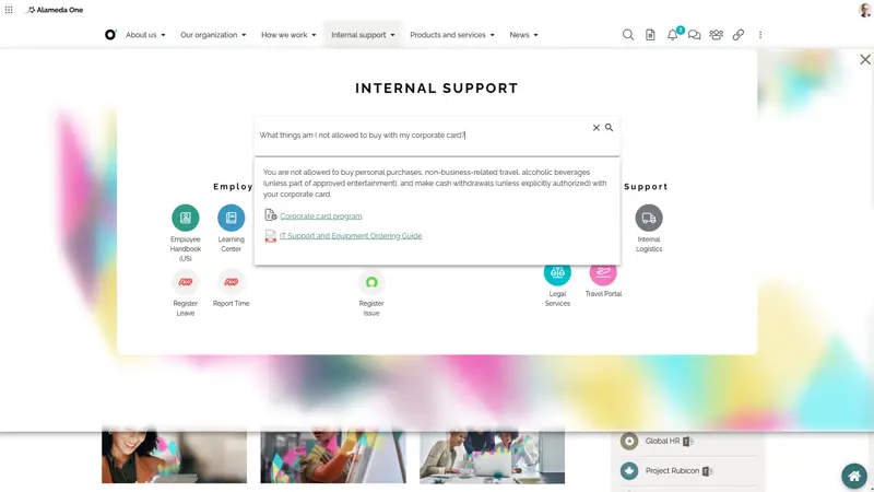 Intranet UX Example: Semantic search with AI-driven results improves findability and user satisfaction.