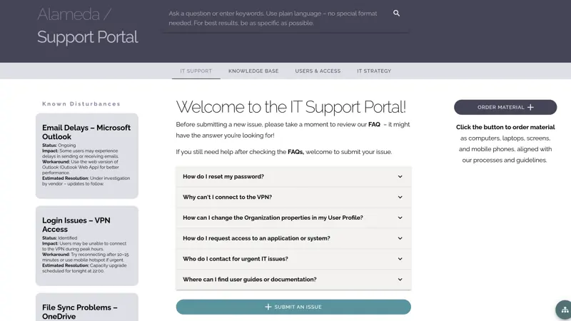 Intranet portal for IT Services showing FAQs, a structured knowledge base, and options to report or track technical issues.