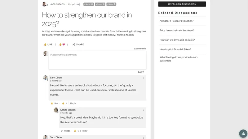 Employee intranet knowledge-sharing community with posts, comments, and team insights.