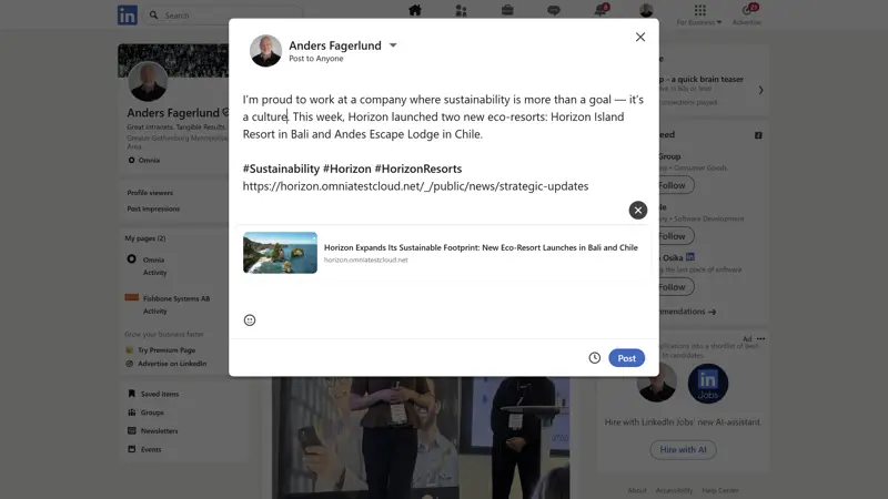 Leadership communication intranet enabling employee dialogue and sharing strategy stories to external channels like LinkedIn