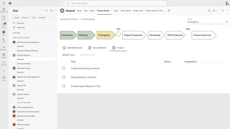 Example of a corporate intranet solution integrated with Microsoft Teams using structured templates for projects.