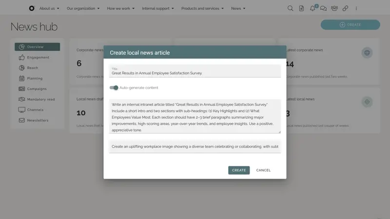 AI Intranet Content Management: Create a first draft of text and image of a new article using prompts designed for the purpose.