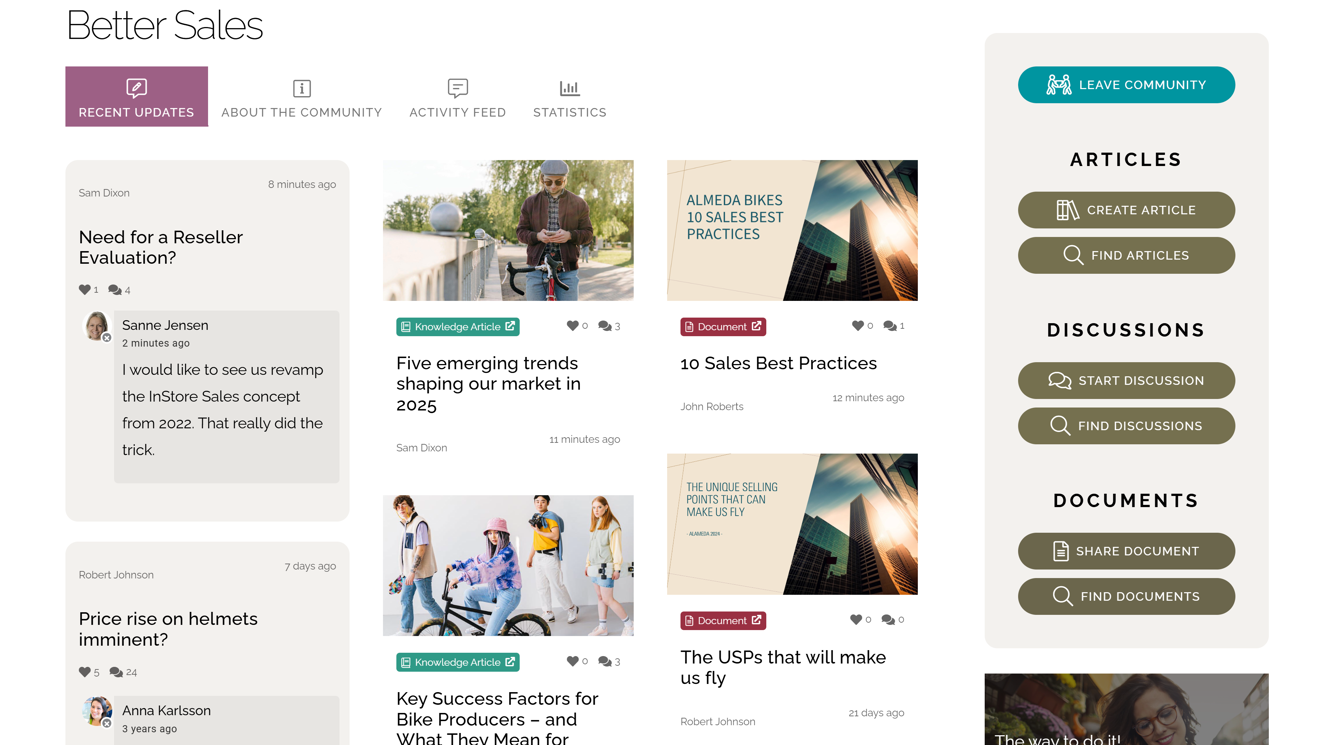 Knowledge-sharing community on intranet platform showing member posts and discussion topics. Knowledge-sharing community on intranet platform showing member posts and discussion topics.