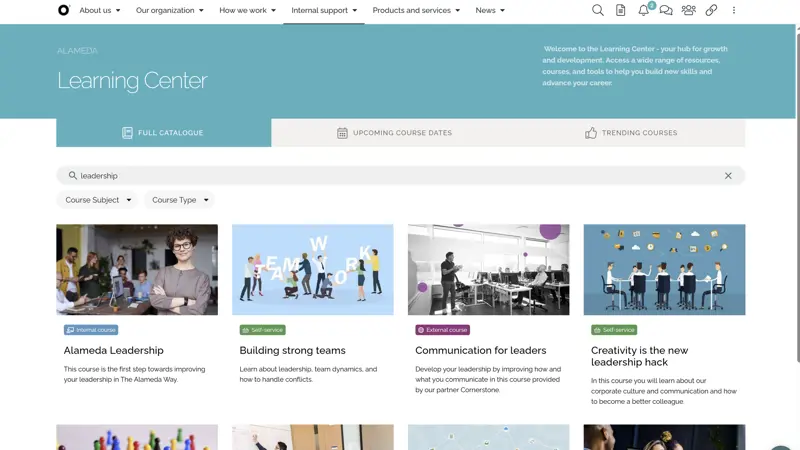 Employee intranet learning hub displaying courses, microlearning modules, and completion progress.