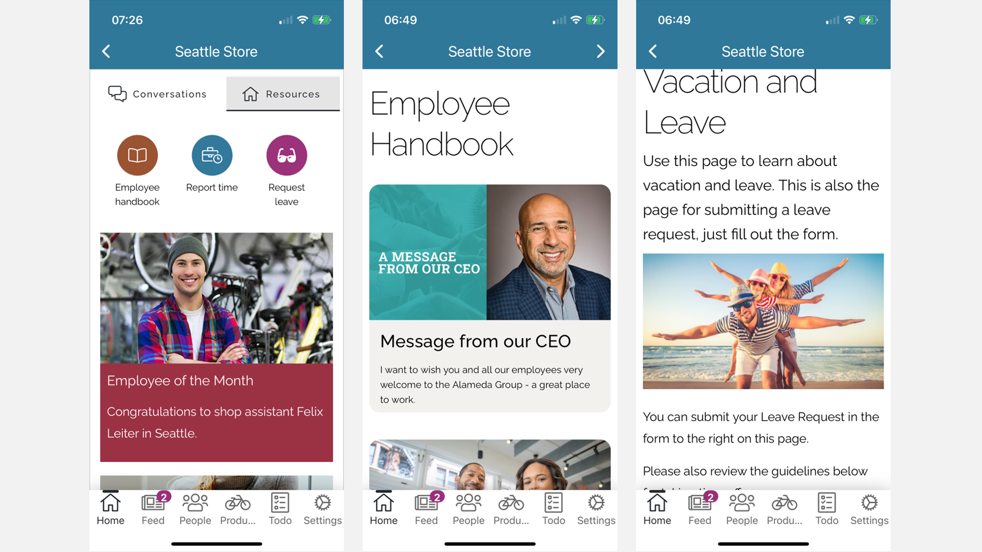 Frontline worker using the mobile intranet app to submit a leave request through the country-specific Employee Handbook. Frontline worker using the mobile intranet app to submit a leave request through the country-specific Employee Handbook.
