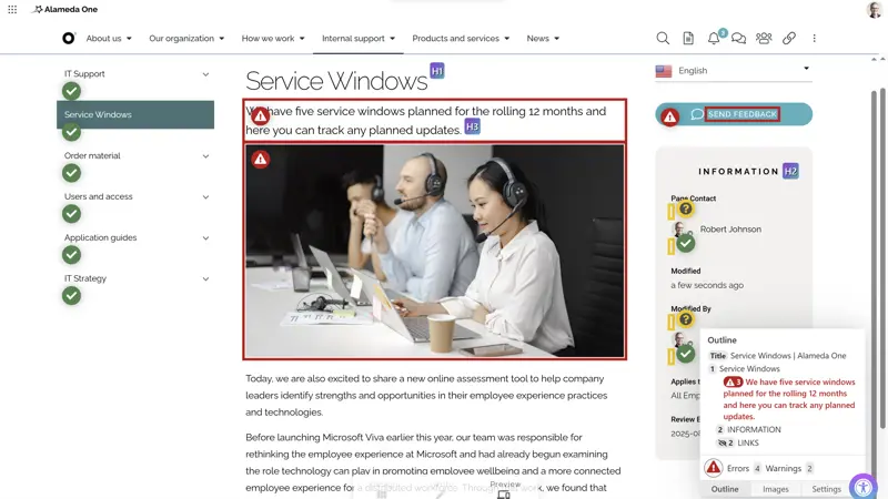 Intranet communication idea showing an accessibility checker used to validate intranet pages against WCAG 2.2 guidelines.