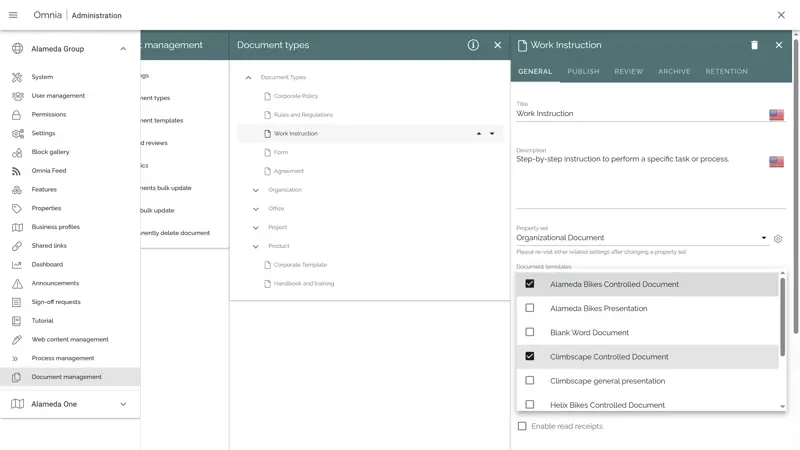 Work instruction document type setup showing metadata and template options in a Microsoft 365 intranet.