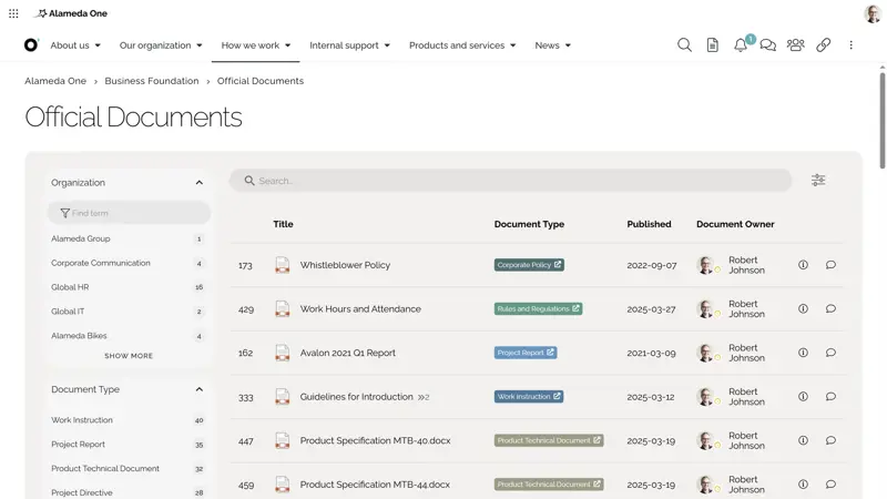 QMS Microsoft 365 Example: Controlled document rollup with search filters and version tracking in a quality management system in Microsoft 365.