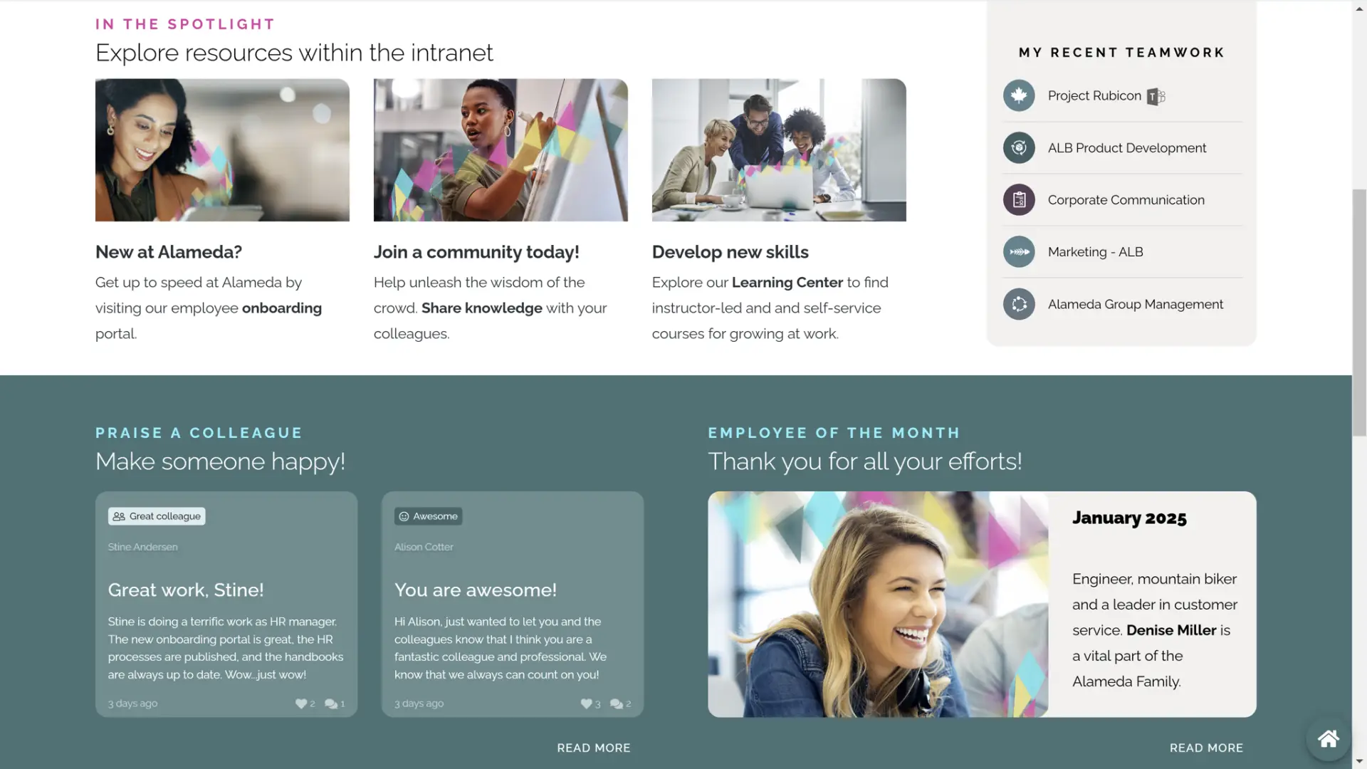 Intranet homepage example with a card-based mega menu supporting intuitive navigation and user-friendly design.