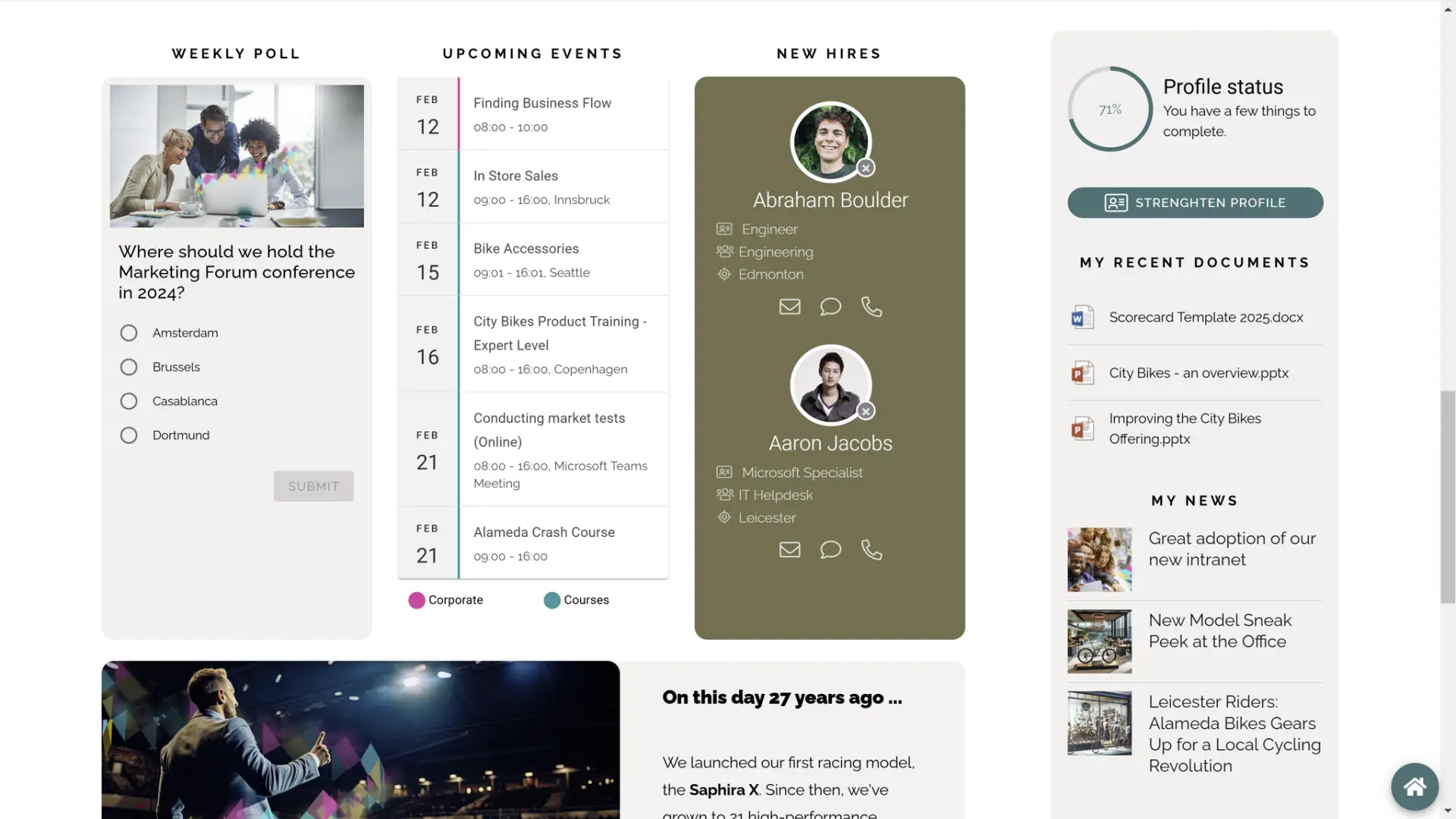Intranet homepage design using visual hierarchy principles such as contrast, spacing, and prioritized announcements.