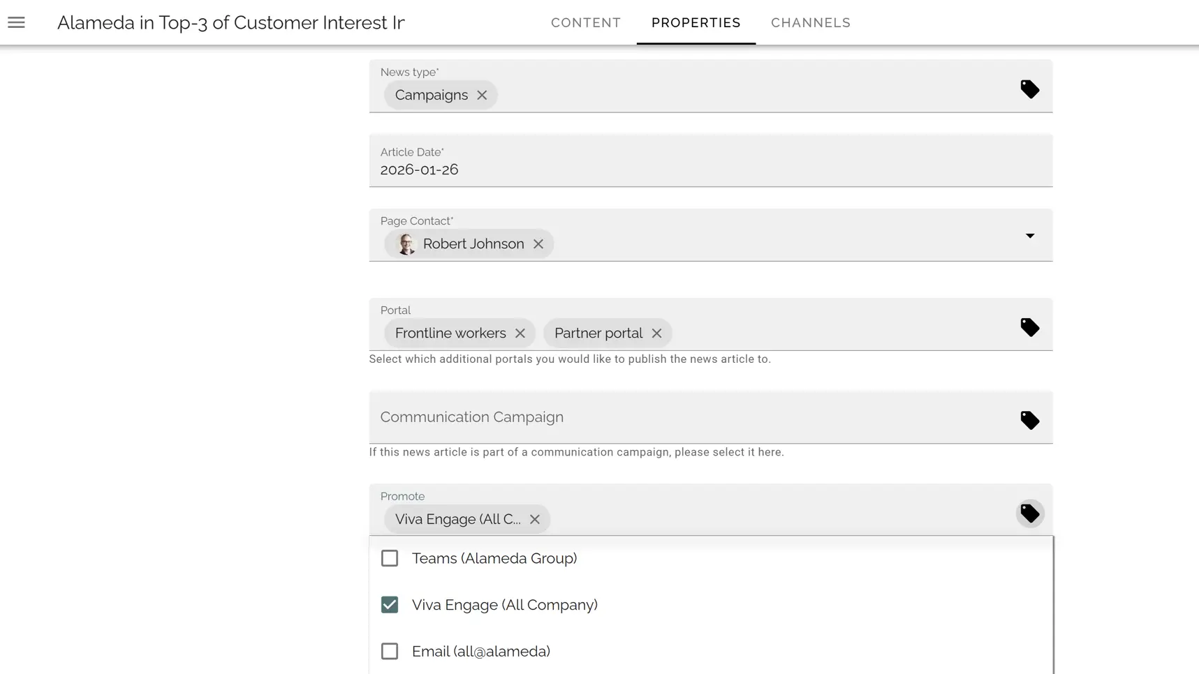 Multi-channel internal communications publishing from an intranet to Teams, email, and social channels